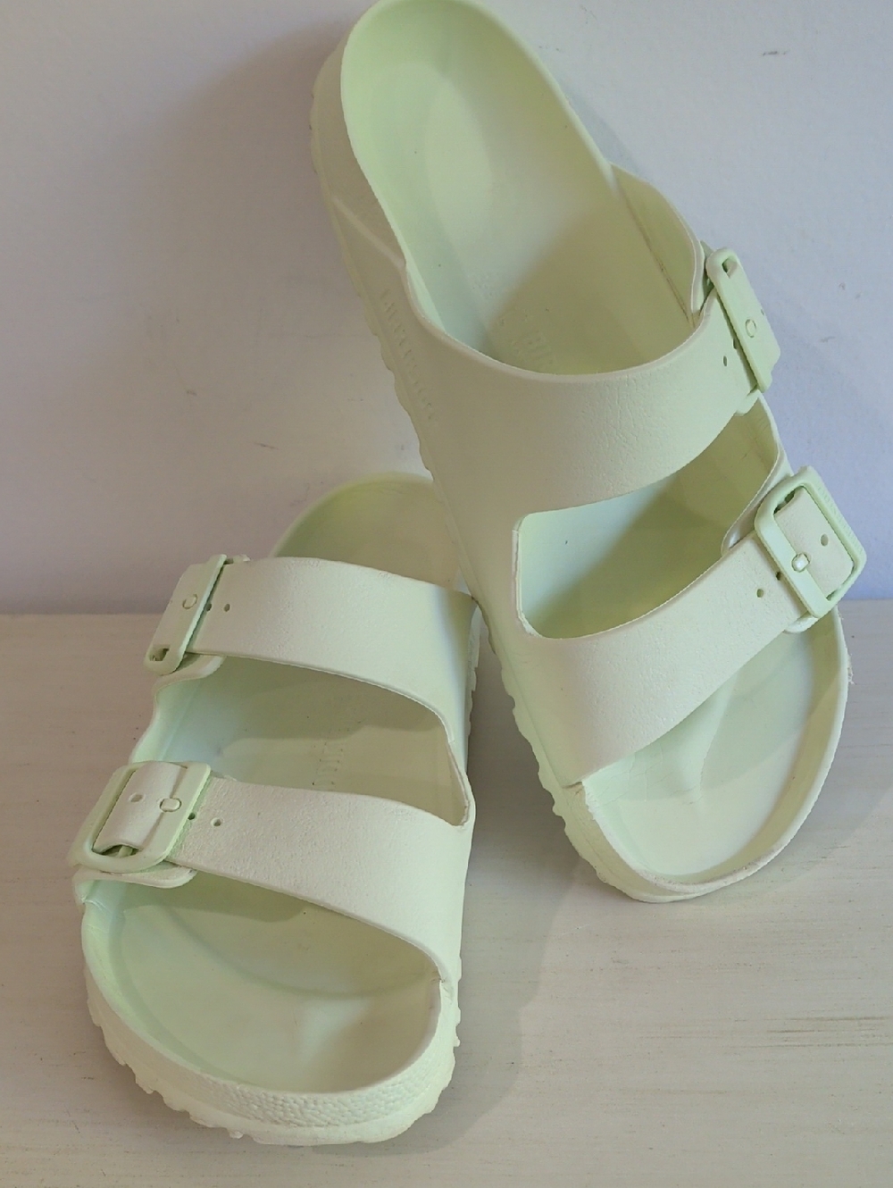 Birkenstock Arizona Double Strap Slide Sandals in Pale Green Rubber Size 41